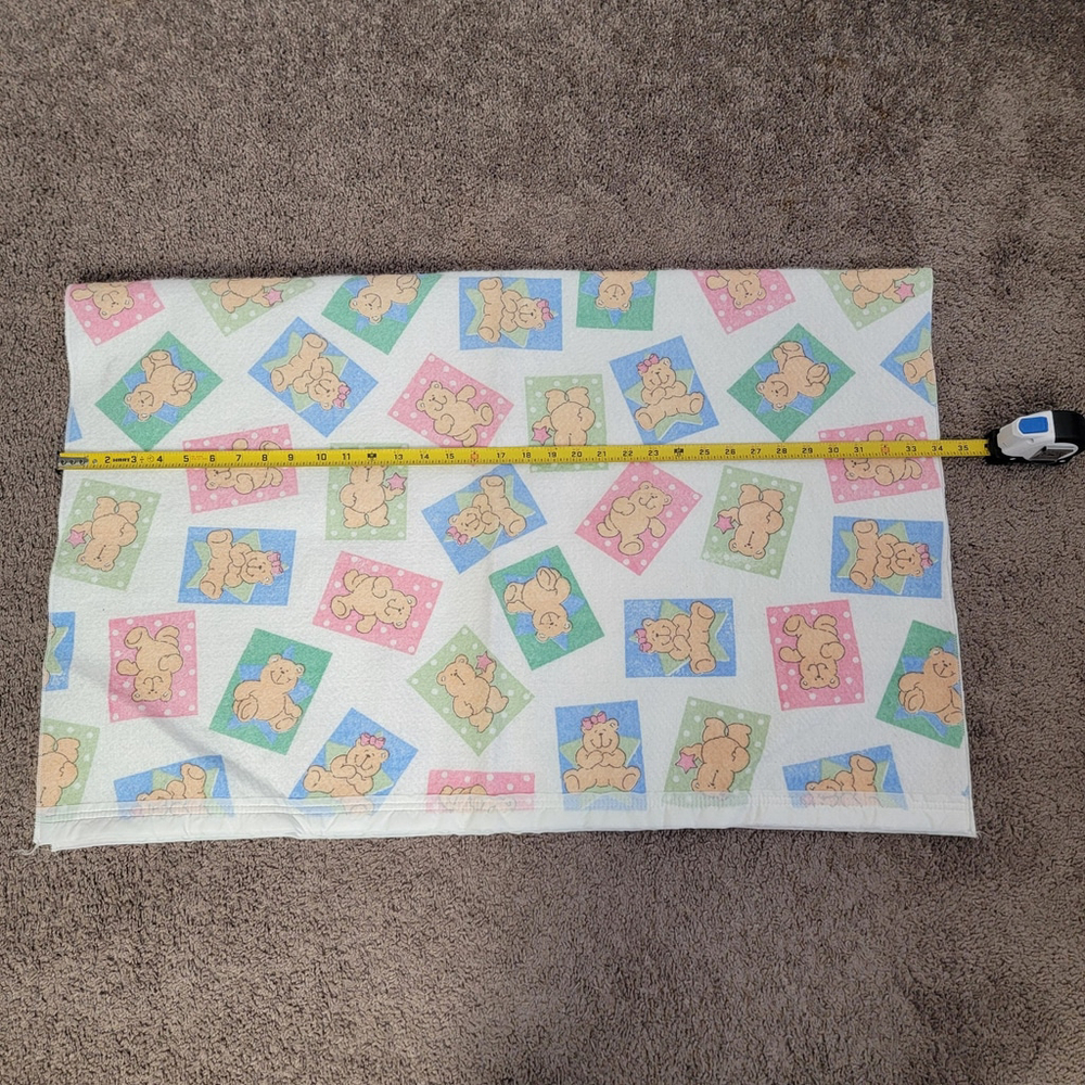 Vintage 80's Polyester Baby Blanket White Bears Satin Trim USA 44 x 34 Collector
